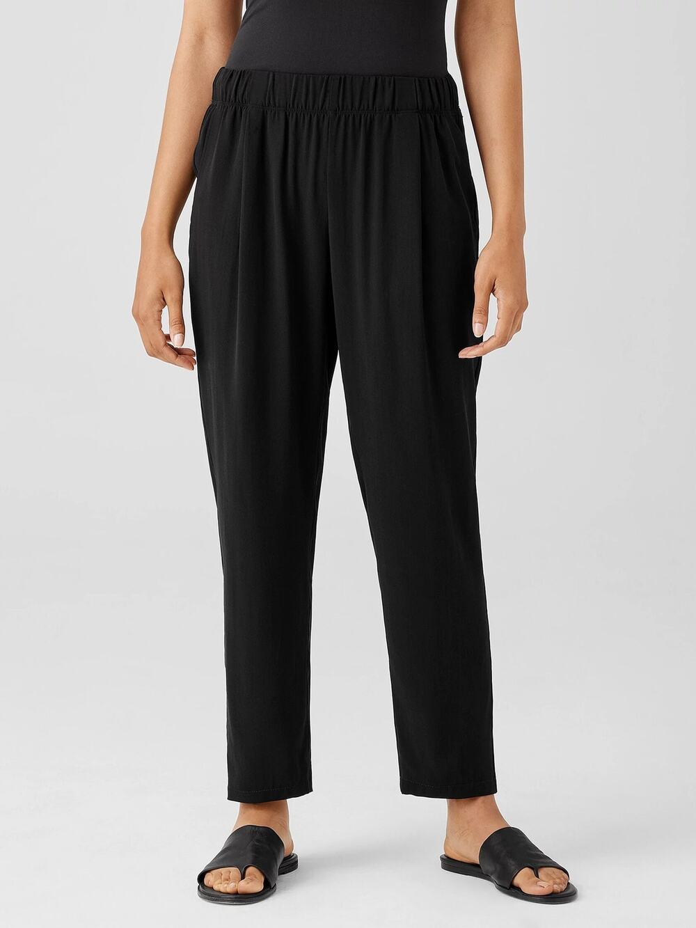 Eileen Fisher Silk Georgette Crepe Black Tapered Pleat Pants Women's PL Petite L